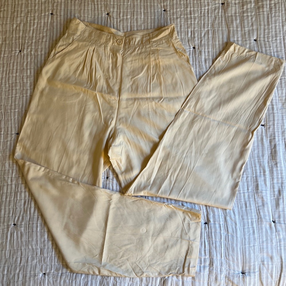 Integral Vintage 100% Silk Pleated High Waist Tapered Trousers Cream Womens Med